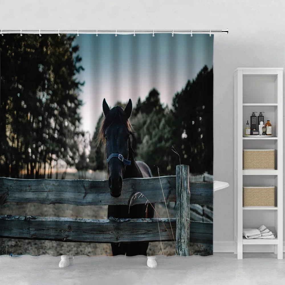 

Horse Farm Animal Shower Curtain black Foal Fence Wooden Board Decor Western Country Farmhouse Fabric Bathroom Curtains Hooks