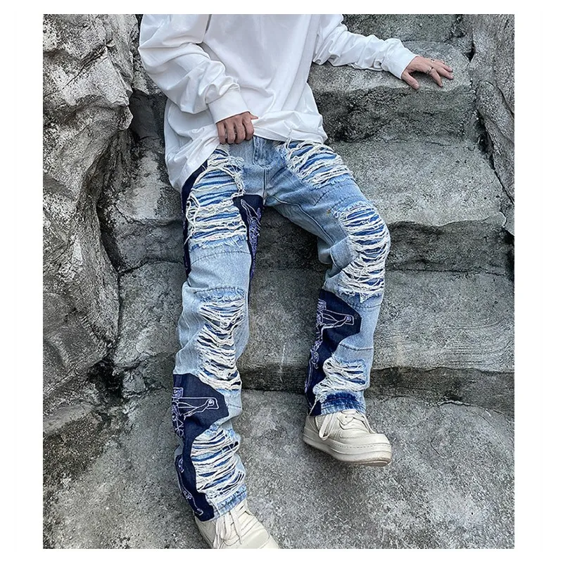 Ripped Jeans Baggy Men Print Harajuku Pants Slim Trendyol Men's Fashion Hip Hop Trousers Y2k Man Grunge Streetwear Stacked
