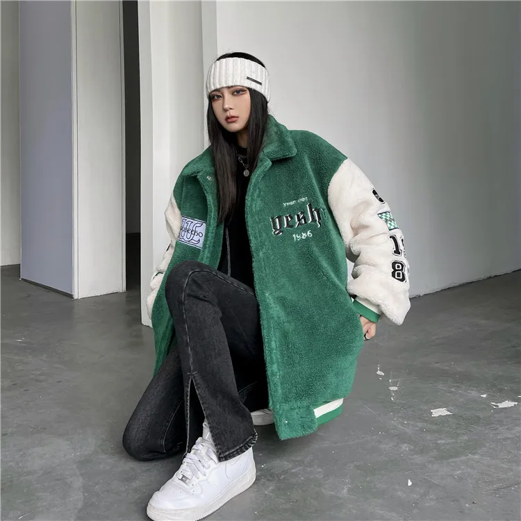 YOZOU 2022 Women Winter Varsity Jacket Padded Coats Bomber Korean Oversize Green Black Teddy Faux Lambswool Button Up Embroidery black puffer