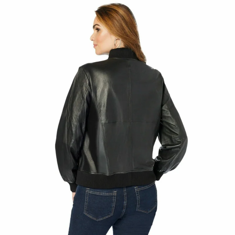 NEW Women Collared Classic Black Lambskin Pure Leather Jacket Bomber Zip Pocket