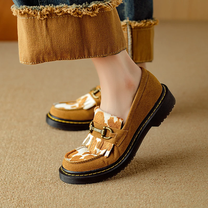 YIMIN & YUCEN 2024 New Four Seasons Deep-mouthed Women's Shoes Round Toe Low Heel Horse Hair Flat Loafer Shoes For Women L 5