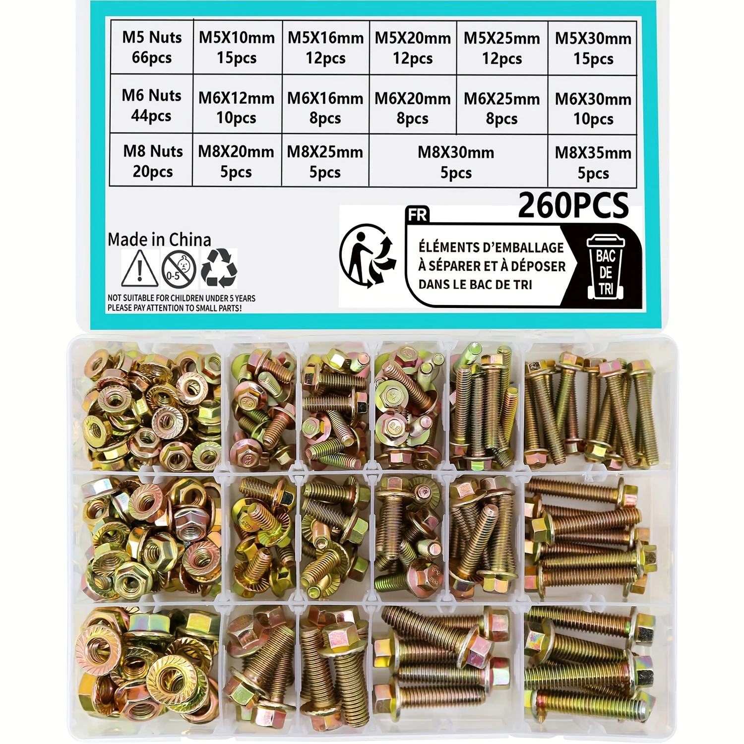 260 sets of 8.8 grade alloy steel flange bolts and nuts M5 M6 M8 metric hex screws with 14 common sizes of nuts screw bolt nut set screw washer nut kit