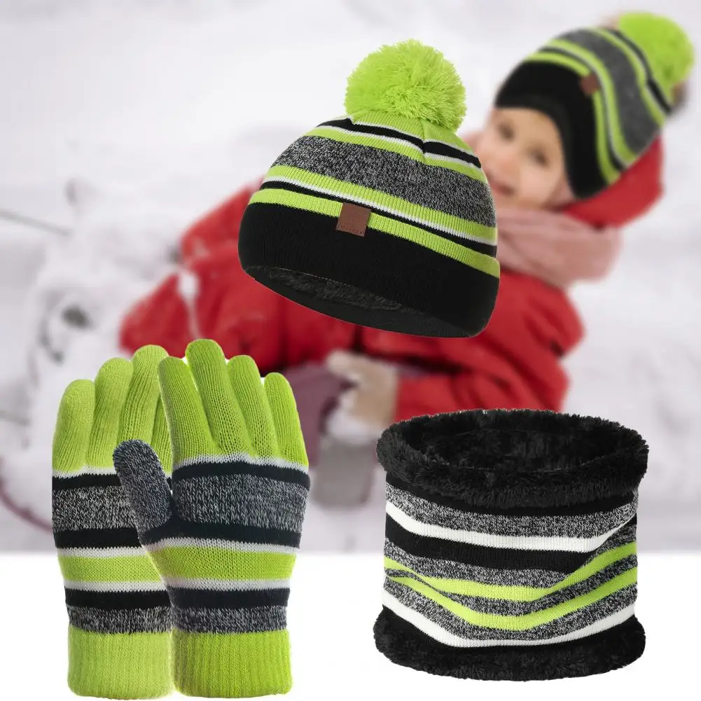 

1 Set Knitting Hat Scarf Gloves Warm Knit Hat Scarf Gloves Fashionable Stripe Knitted Hat Scarf Gloves