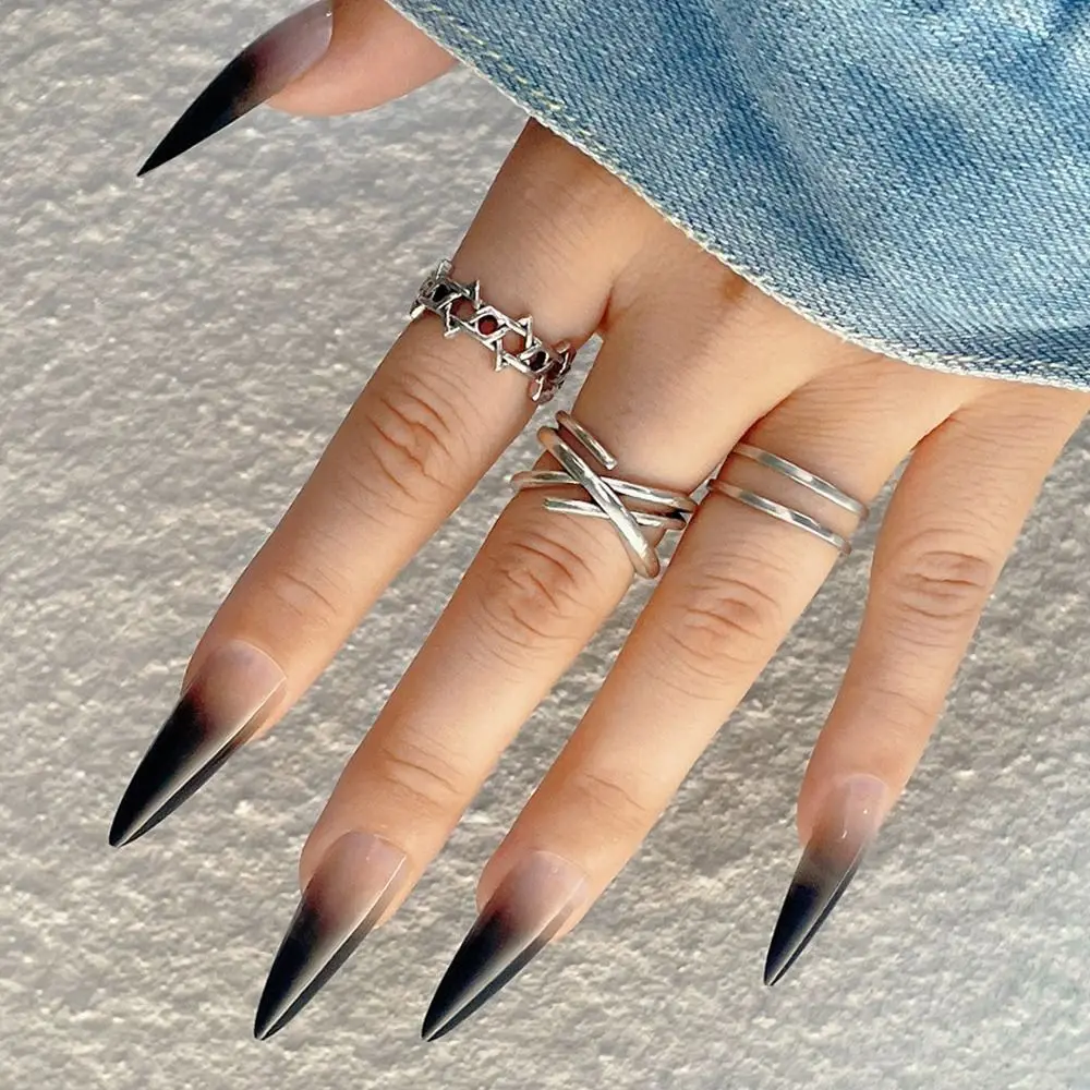 24pcs Nail Tips Gradient Black DIY Full Cover Long Stiletto Fake Nails French