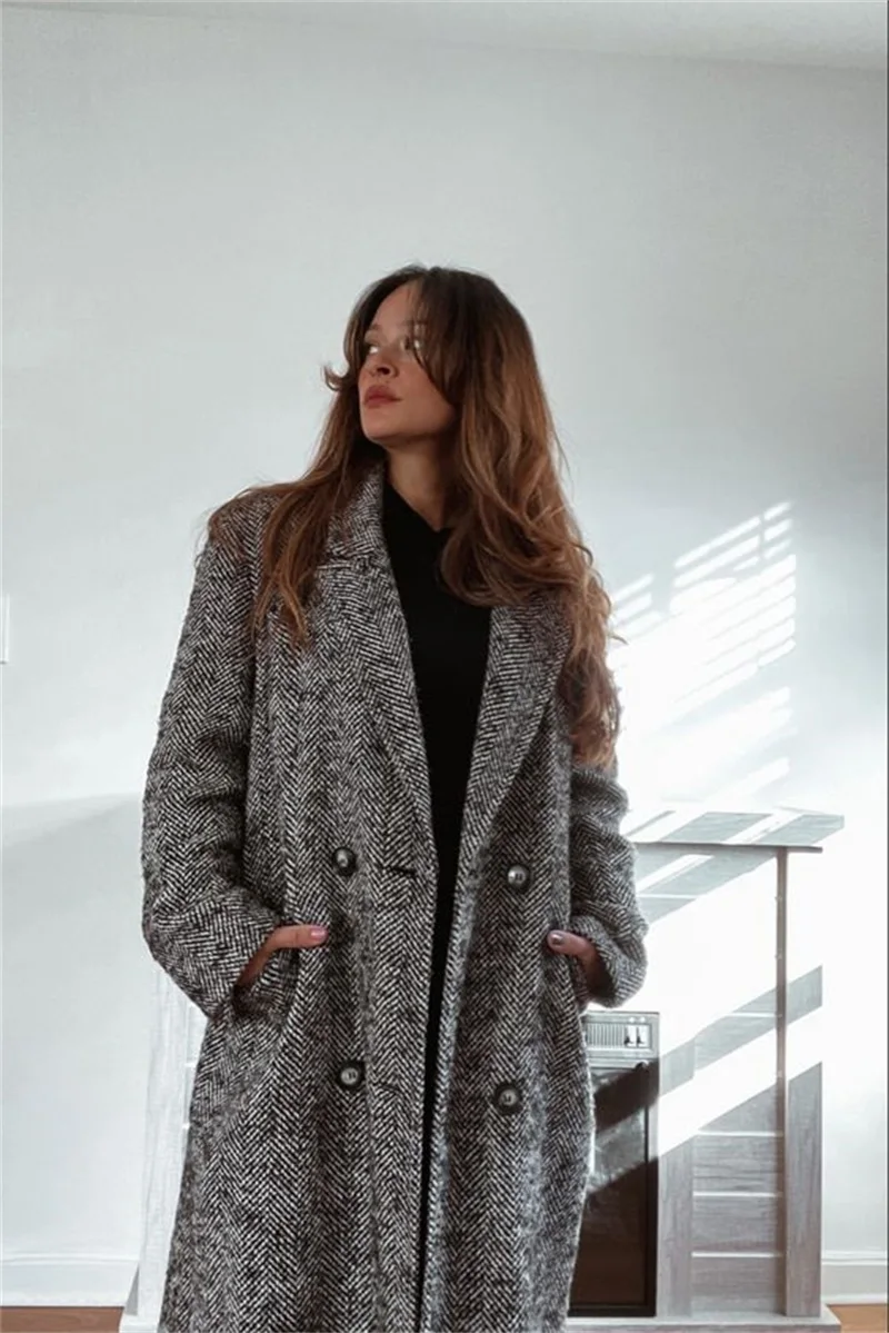

Herringbone Woolen Women Overcoat Cashmere Thick Long Trench Coat Custom Made Prom Dress Double Breast Streetwear Jacket Outfit