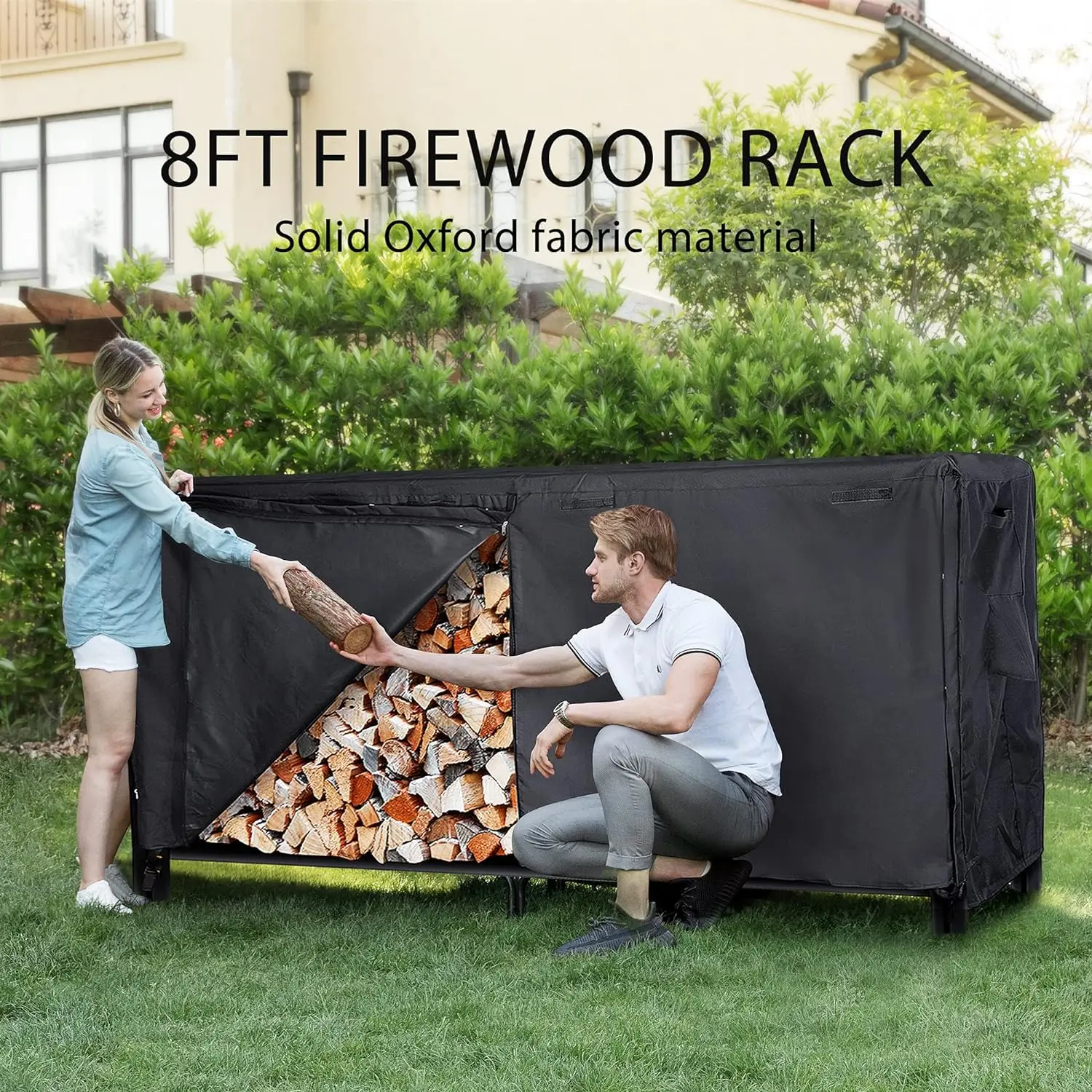 

8ft Heavy Duty Indoor Outdoor Firewood Storage Log Rack with Cover Combo Set Black
