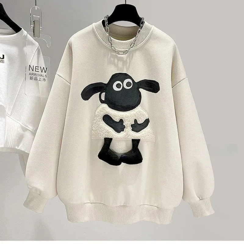 

2023 New Autumn Winter Plush Pullovers Women Cute Design O-Neck Pullover Tops Fashion Casual Loose Thicken Top Sweatshirt