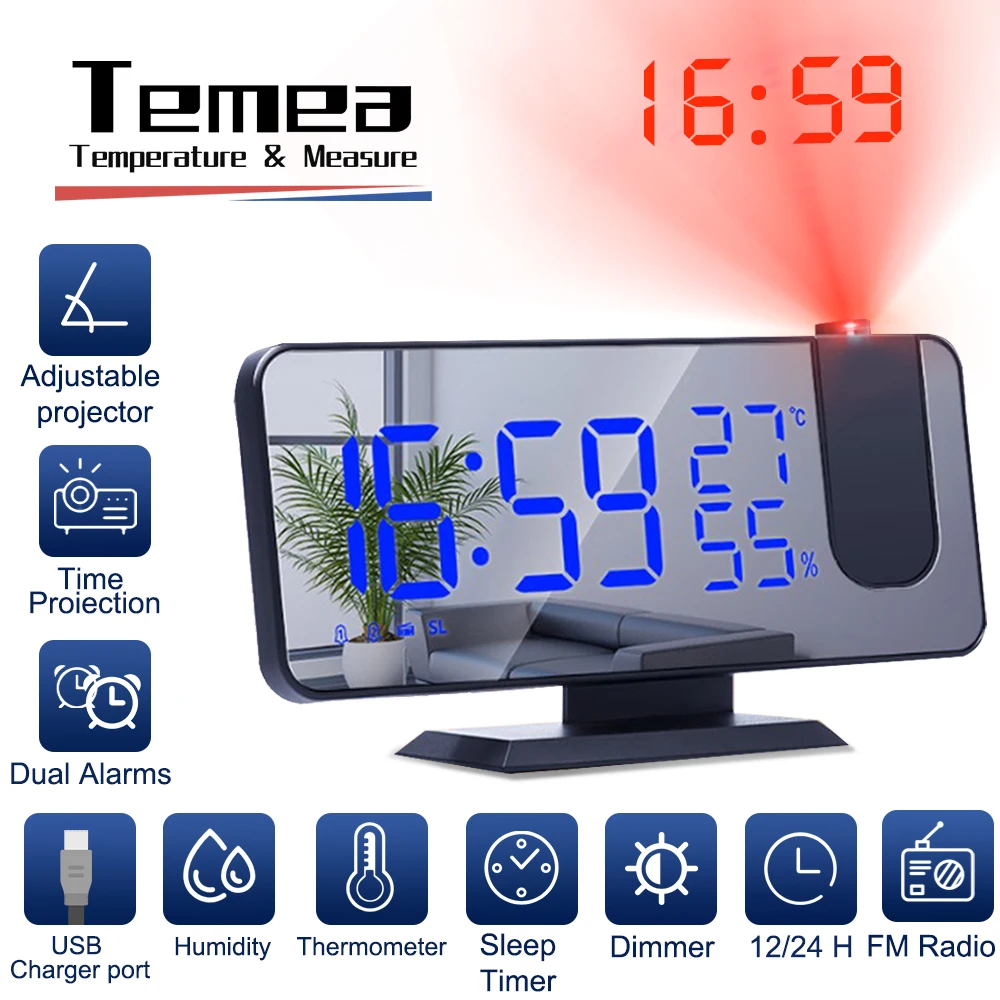Tanie Temea LED projekcja cyfrowa budzik sypialnia Alarm elektryczny zegar z