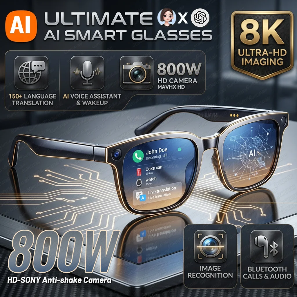 Occhiali Smart AI 2026 per Uomo Donna con Fotocamera 8MP 4K HD, Traduzione in oltre 150 Lingue, Funzione AI Wake-up, Audio Bluetooth e Funzione Occhiali da Sole