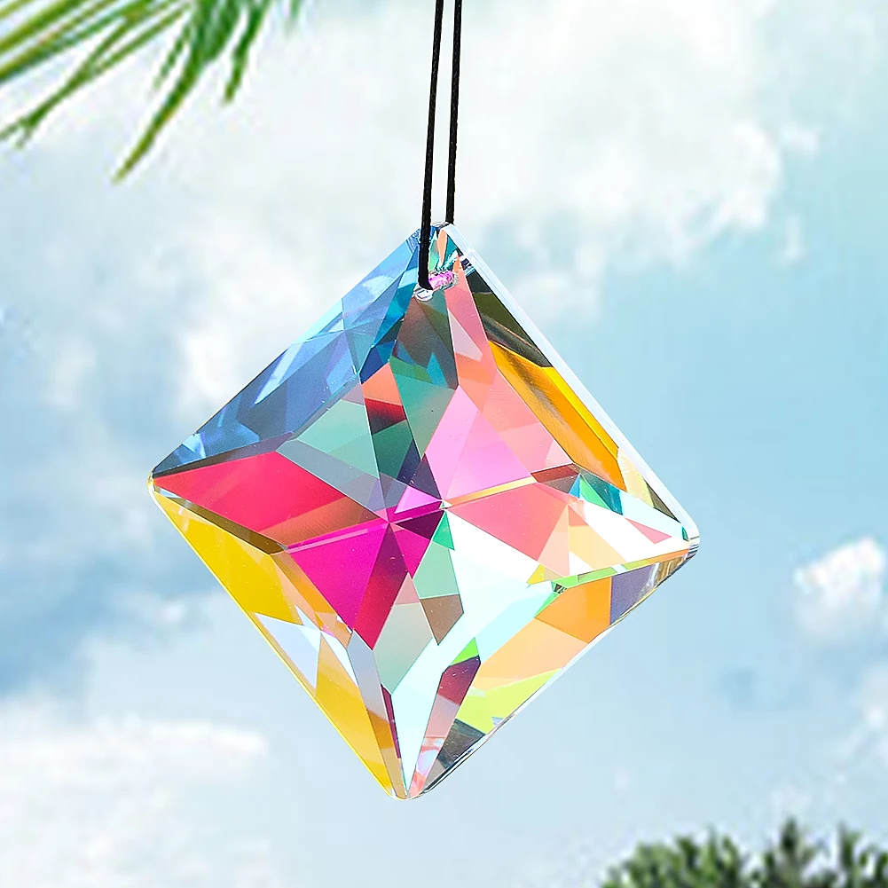 50mm Streamer AB Color Prism Glass Laser Faceted Geometry Square Crystal Chandelier Lighting Parts Rainbow Sun Catcher Dangle