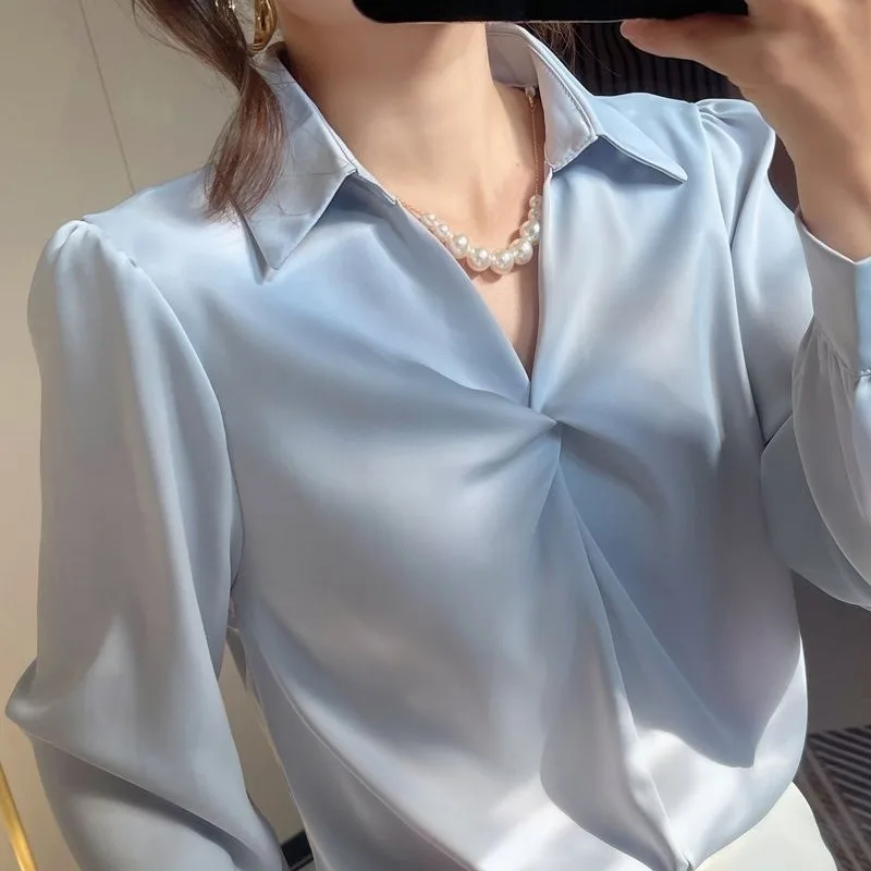 2023Women's Spring Autumn New Fashion Elegant V-neck Pullover Long Sleeved Solid Color Simple Shirt Loose Versatile Youth Tops