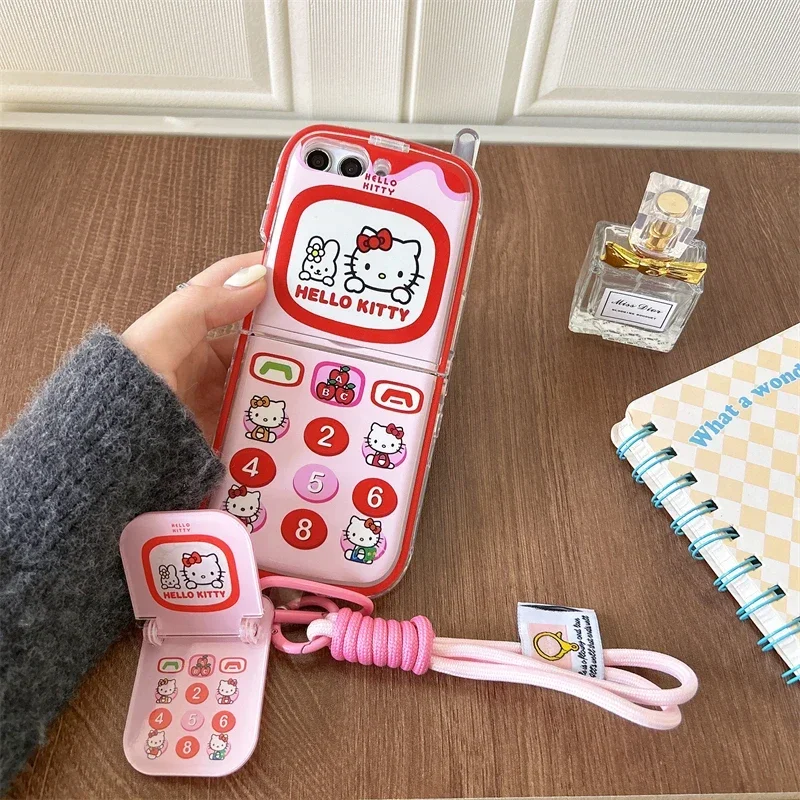 랜야드 브래킷이 달린 귀여운 헬로 키티 전화 케이스, 삼성 갤럭시 Z 플립 3 4 5 5G PC 하드 백 커버, Y2k 소녀