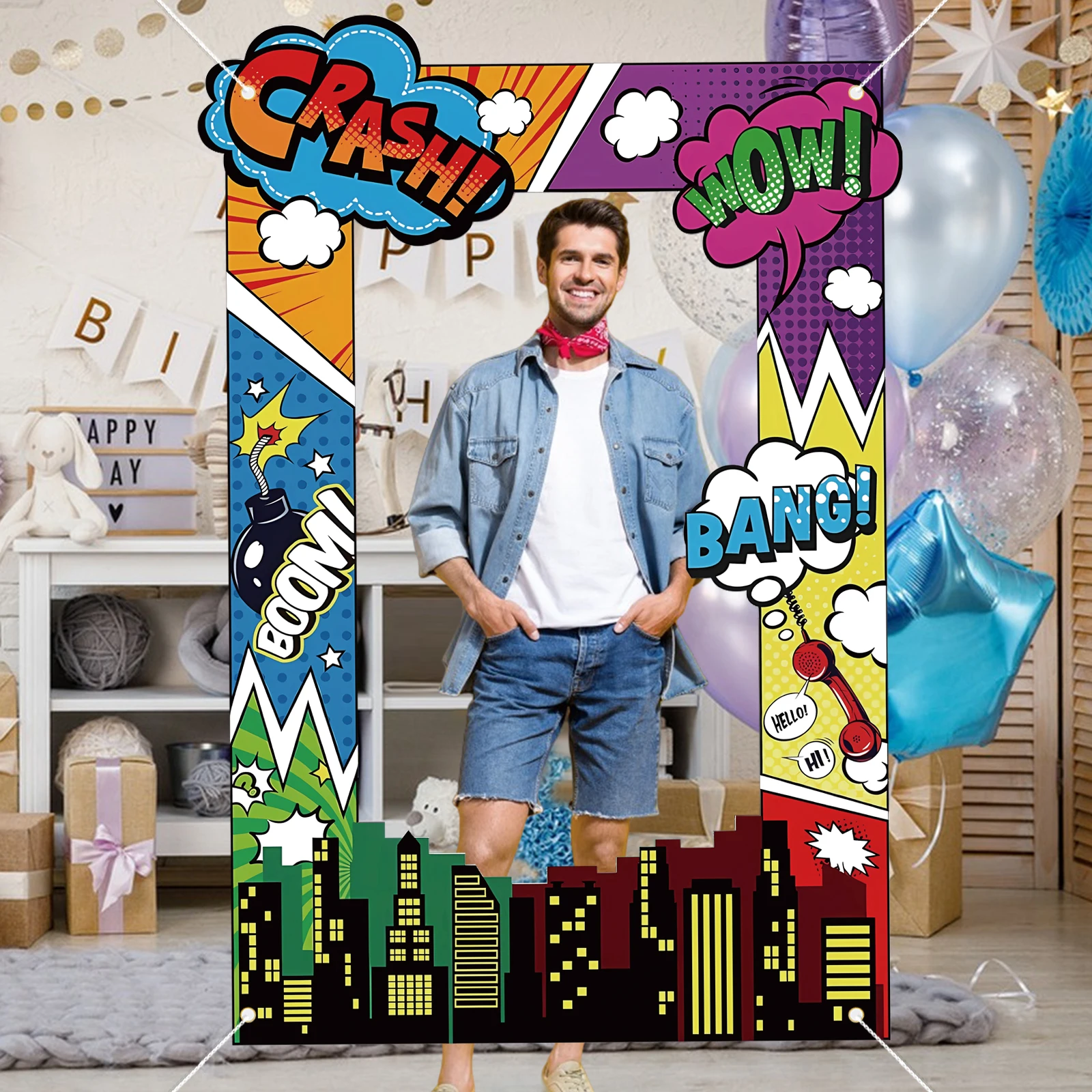 Super Hero Photo Prop Hero Birthday Party Decor Photo Booth Frame Party Banner Backdrop Colorful Background