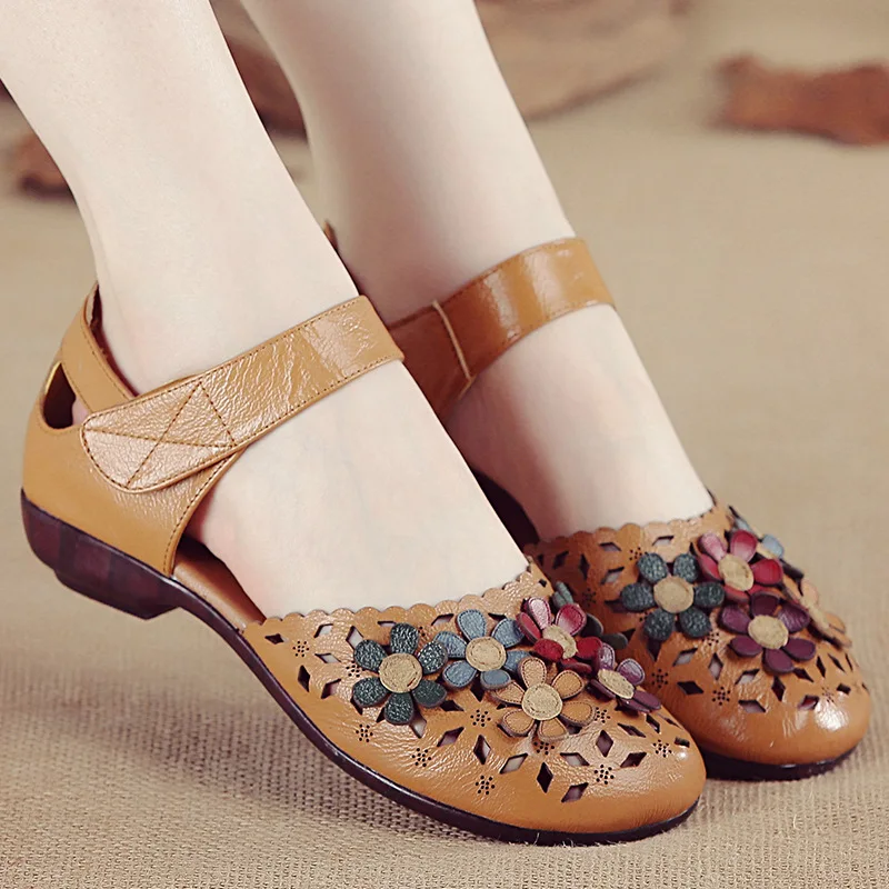 Luxury flower deco cut-outs sandals woman geunine leather flats non-slip summer 2024 designer mary janes shoes