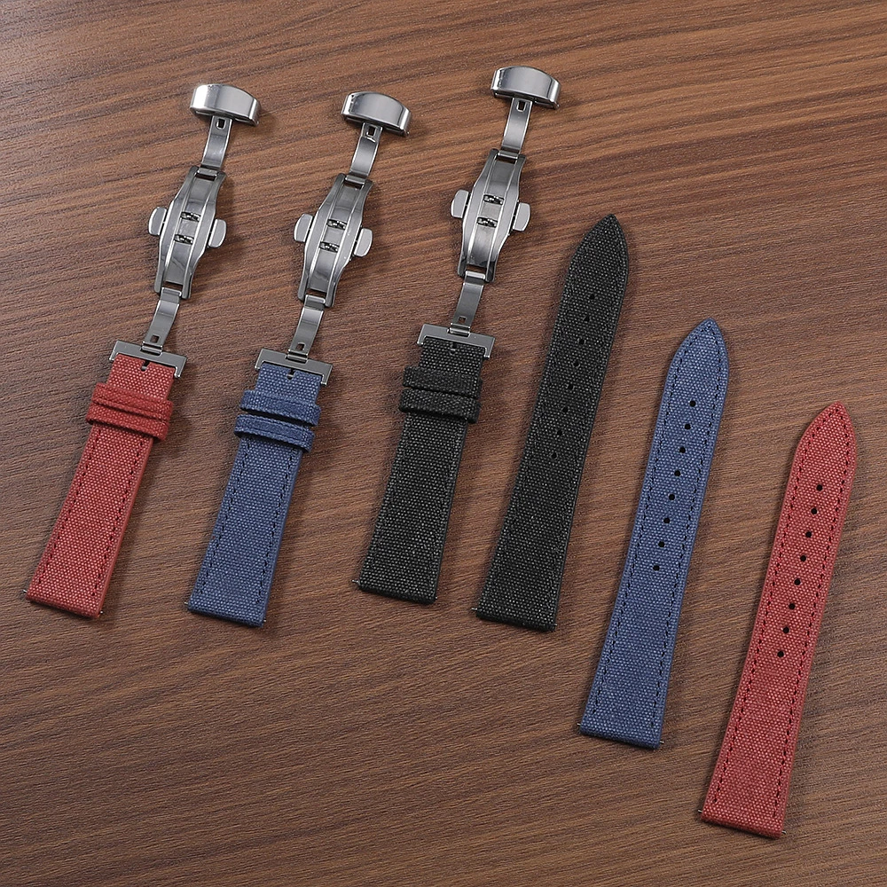 Elegant Canvas & Leather Quick Release Watch Strap - Butterfly Clasp, Tapered Design, 20mm/22mm Wide