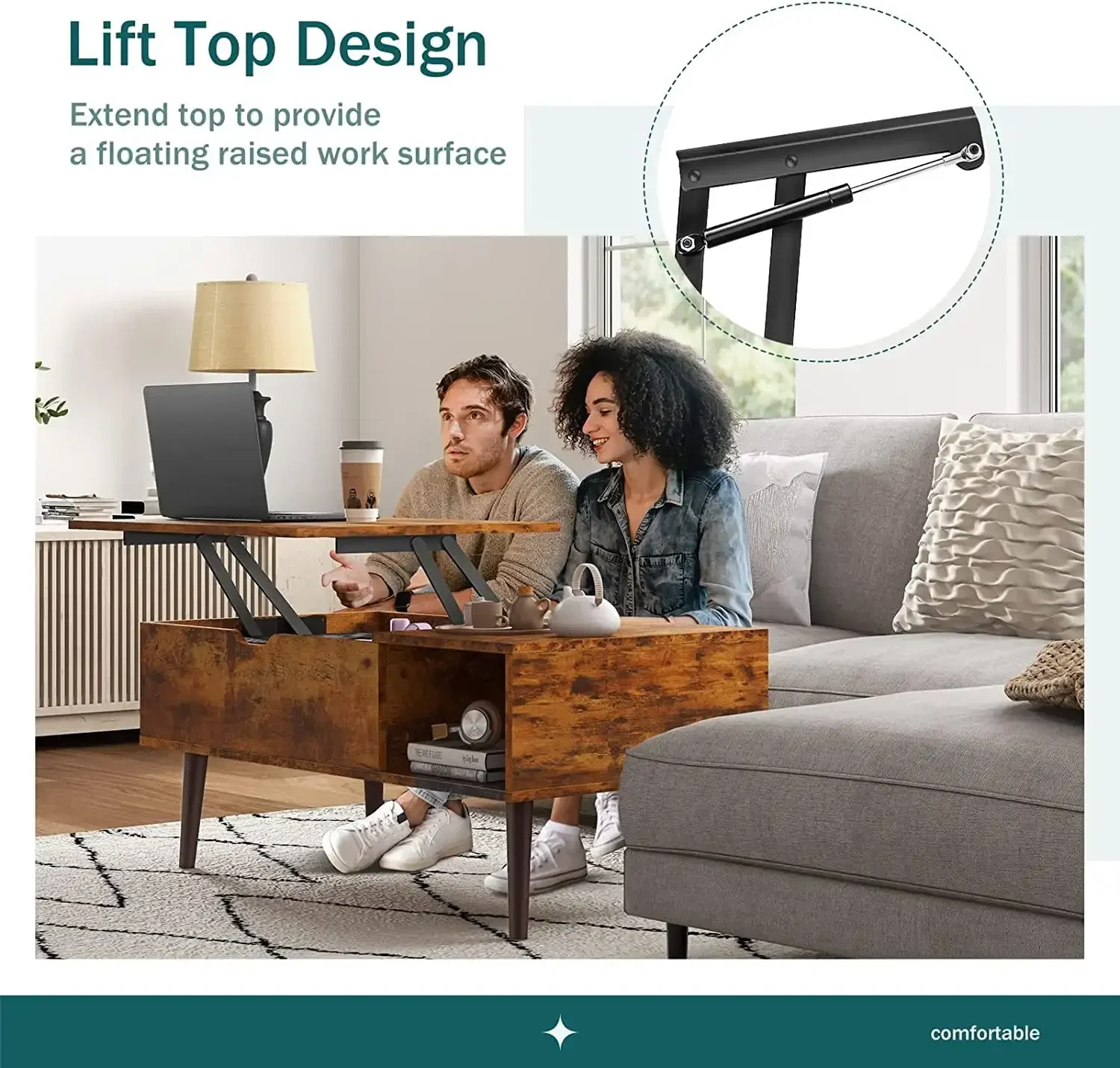Adjustable Height Wooden Coffee Table with Hidden Compartments and Shelves Small Homes, Apartments, Reception Rooms, Rust Brown 6