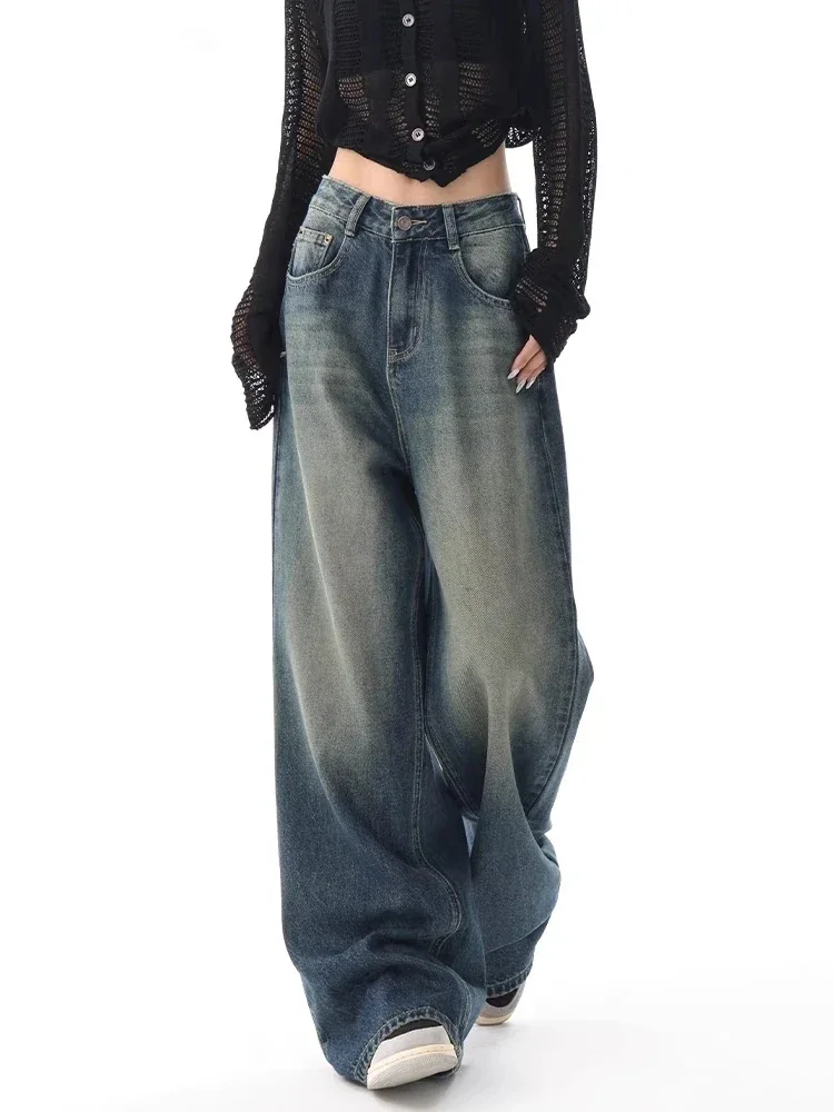 

Autumn New Fashion Design Women's Loose Wide Leg Pants American Casual YK2 Retro and Unique Washed Women Blue High Waist Jeans