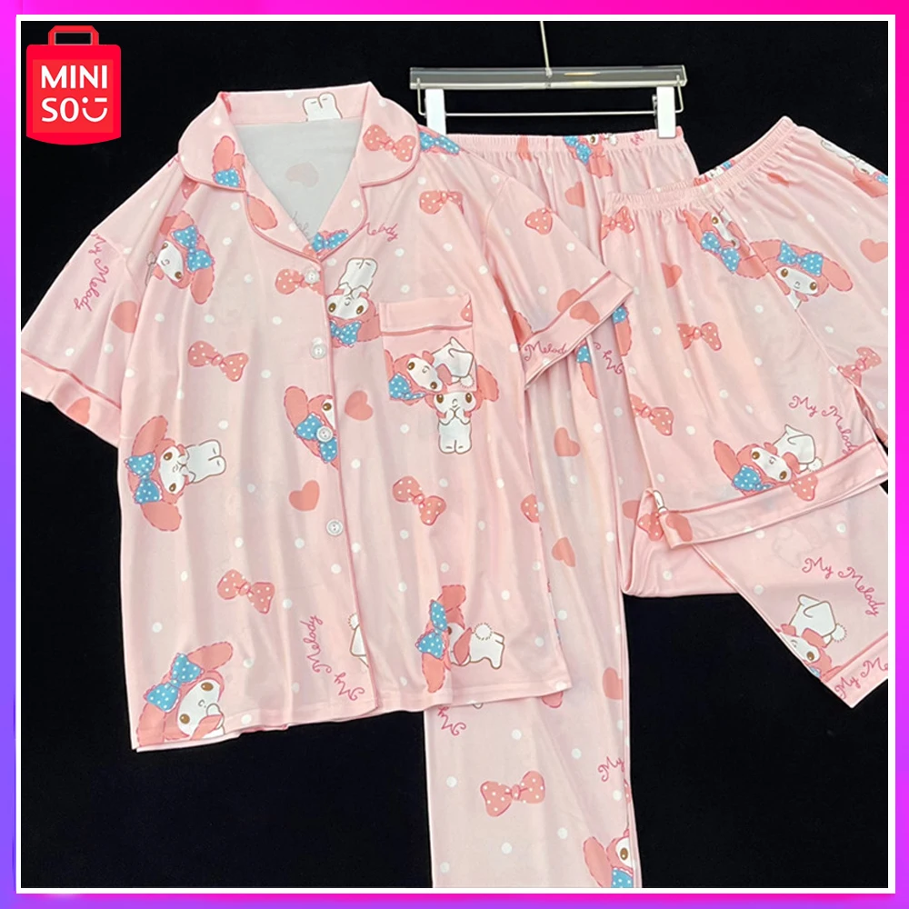 

Miniso Melody Pajama Sanrio Anime Short Sleeve Cute Home Dress Three-Piece New Christmas Gift Soft and Comfortable Women