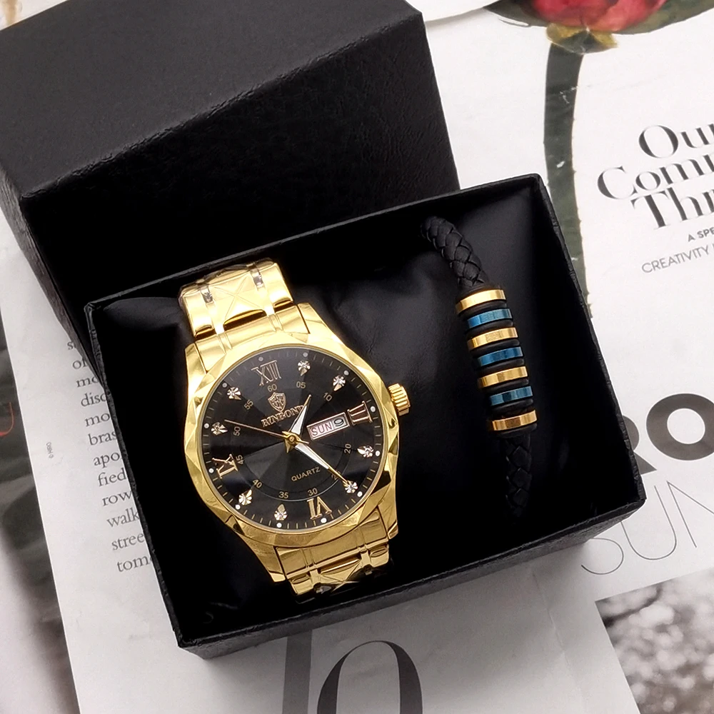 Luxury Top Brand Man Wristwatch Waterproof Luminous Date Week Men Watches Stainless Steel Quartz Men's Watch With Bracelet+Box