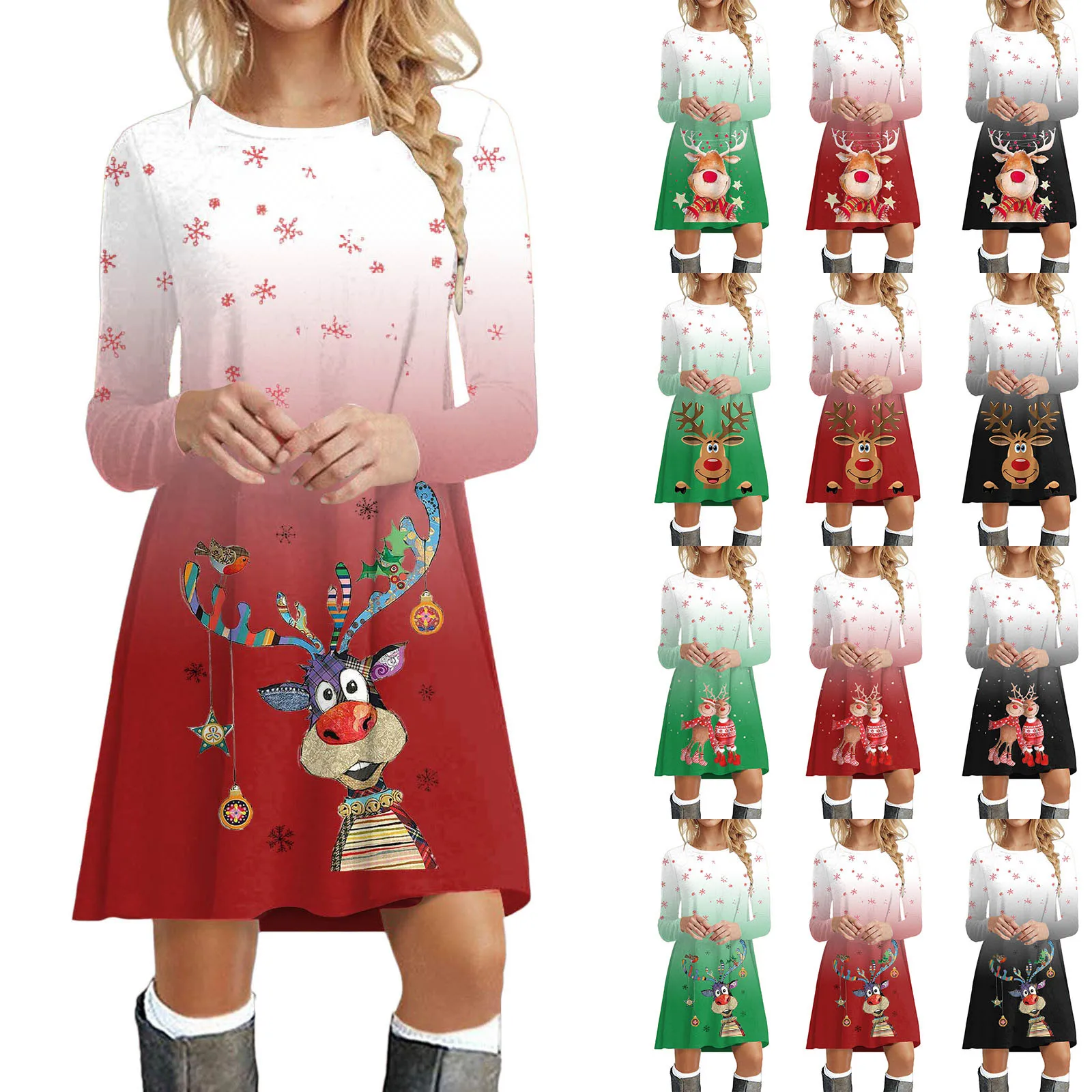 

Christmas Deer And Tie Dyed Snowflakes Women Fashion Dress Autumn Winter Long Sleeve 3d Print Christmas Street Ladies Mini Dress