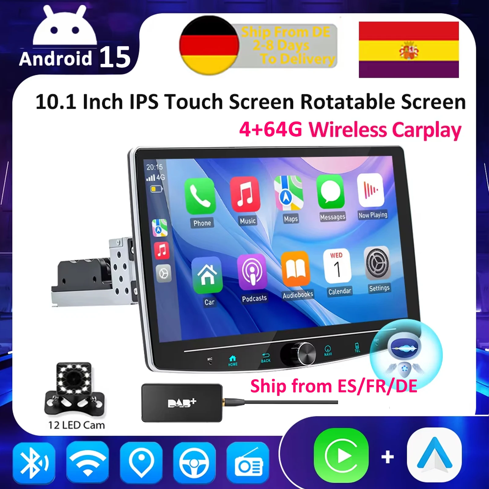 ESSGOO Android 15 Universal Radio de coche pantalla giratoria 1din 4 + 64G Carplay Bluetooth FM Radio receptor TF USB WIFI 1