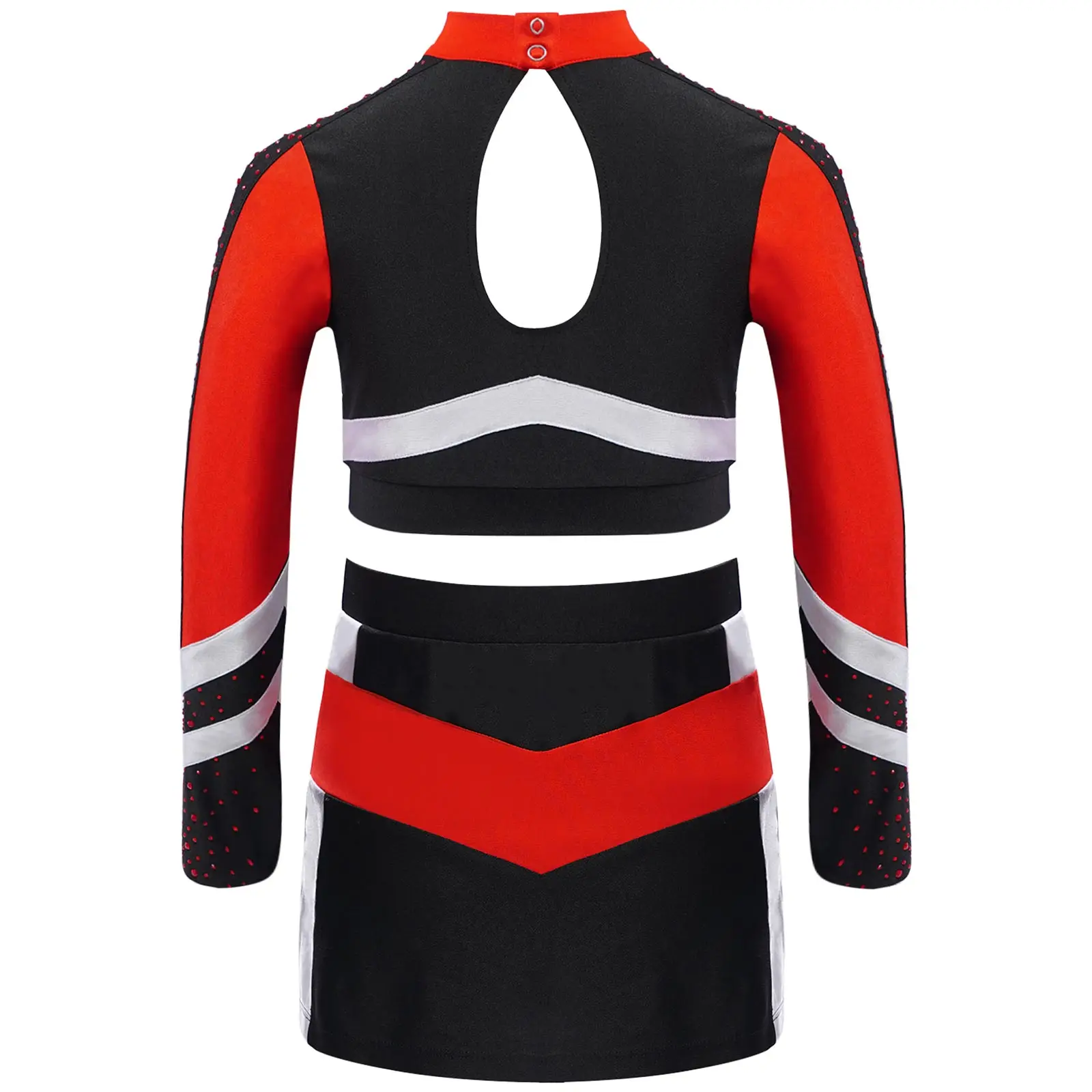Cheerleader-Kostüm für Mädchen, Schul-Cheerleading-Outfit, Stehkragen, lange Ärmel, glänzende Strass-Crop-Tops mit seitlich geschlitztem Rock – Detail 23