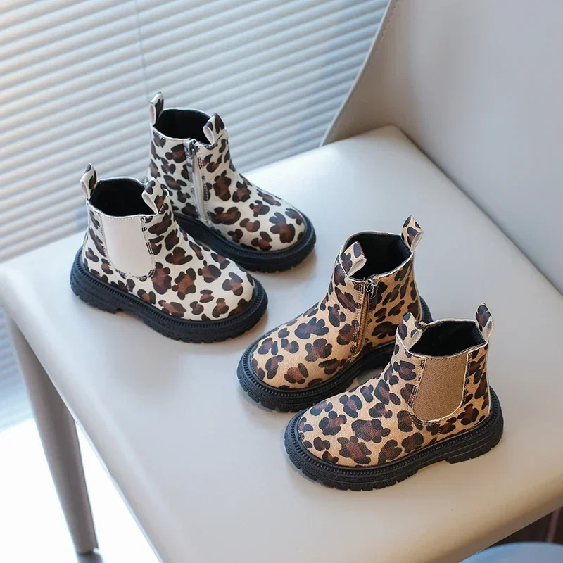 Kids Unisex Rubber Ankle Boots with Leopard Prints and Side Zipper