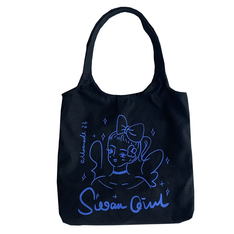 

Cute Cartoon Print Canvas Vest Bag For Girl Women Shoulder Shopper Bag Large Cloth Shopping Bag Grocery Handbag Student Book Bag