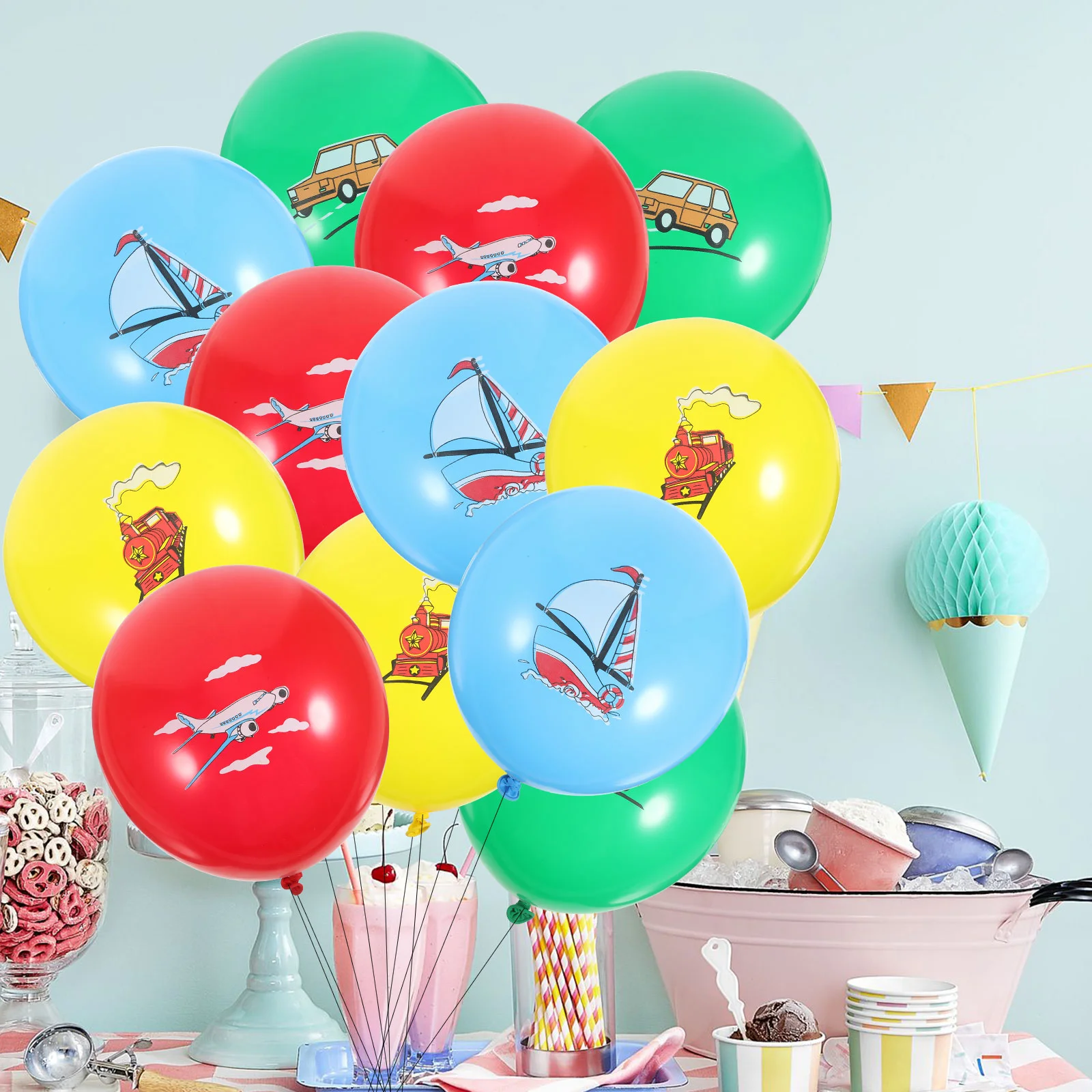 

12 Pcs Transportation Birthday Party Decoration Balloons For Boys Pull The Flag