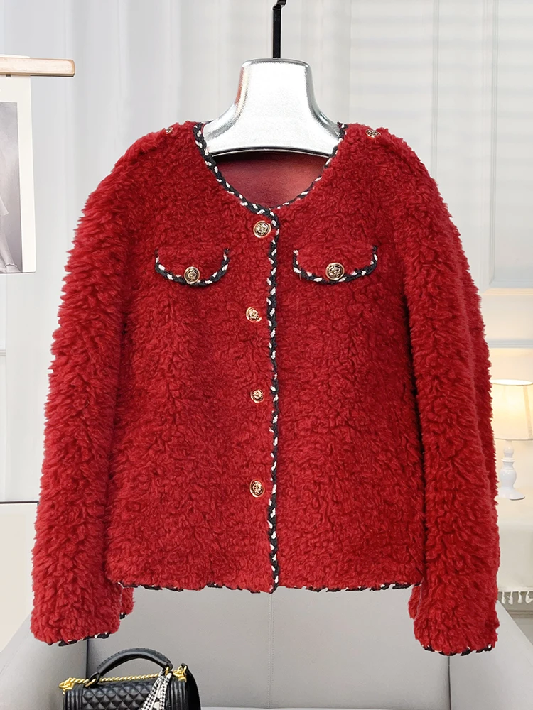 

2023 New Lamb Hair Particle Sheep Cut Fleece Small Fragrant Weaving Belt Fur Coat Women's Round Neck Short Wool Integrated