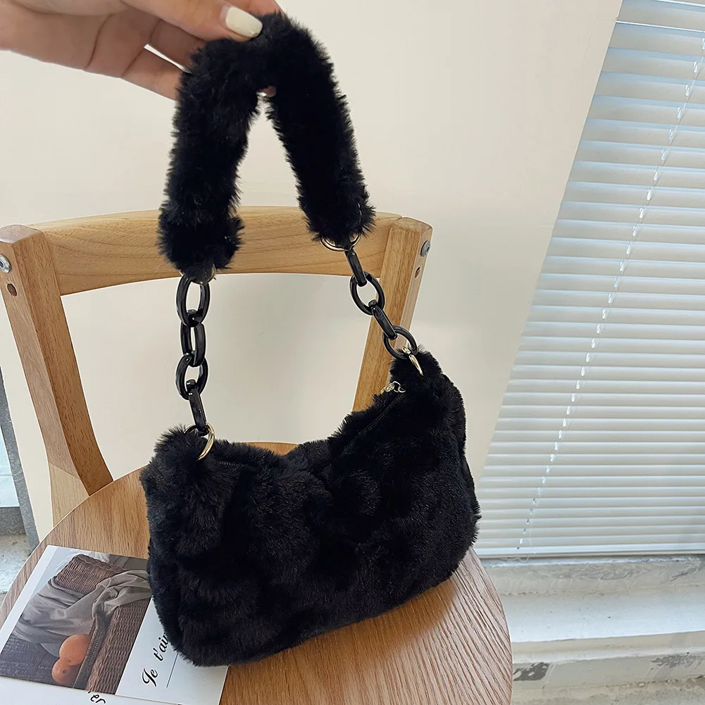 Fashion Winter Plush Shoulder Bags Ladies Acrylic Chain Small Underarm Pouch Fluffy Soft Armpit Bag Shopping Vintage Handbags