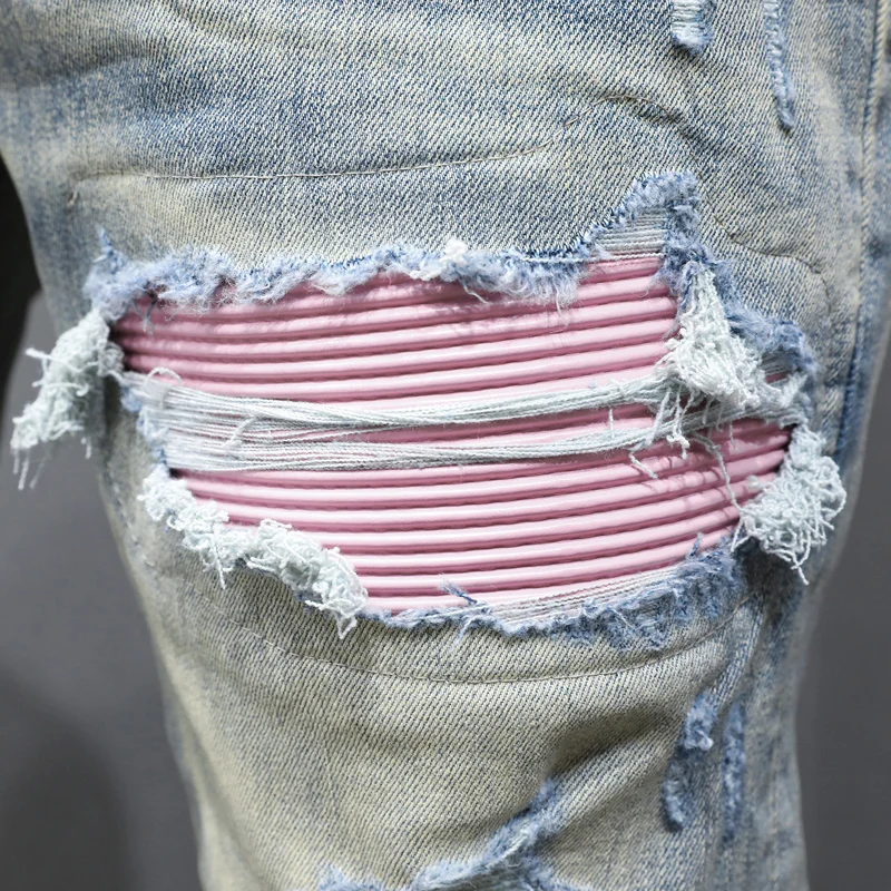 Latest Street Fashion Men's Jeans Vintage Washed Blue Elastic Slim Fit Split Jeans Men's Pink Leather Panel Designer Hip Hop Hig