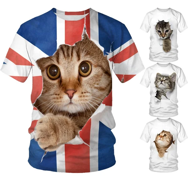 

Men's Ladies Fashion Summer Beach Naughty Cat 3D Cute T-shirt Printing Creative O-neck Short-sleeved T-shirt Plus Size