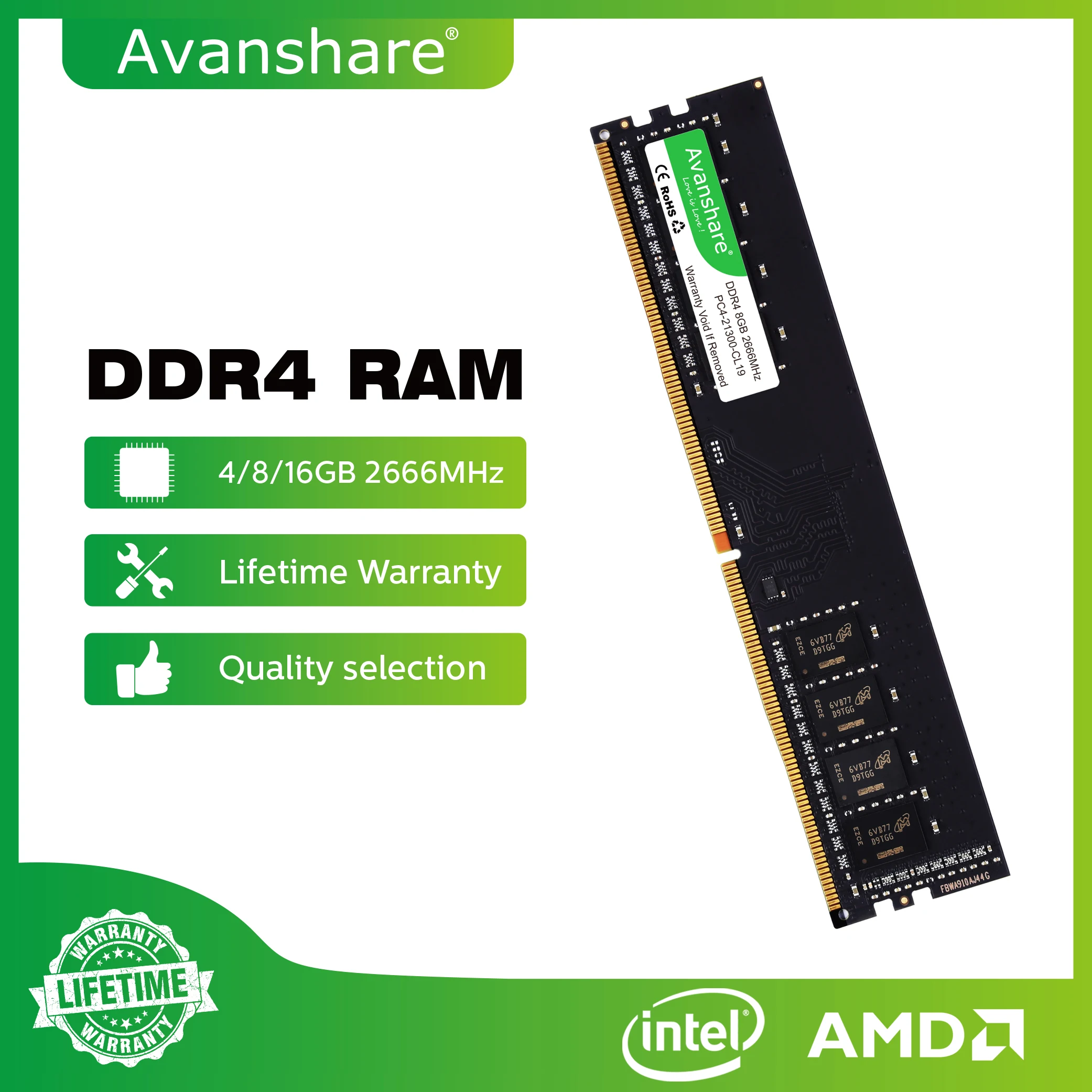 

Avanshare Ram Memmory DDR4 4GB 8GB 16GB 3200MHz 2666MHz 2400MHz 288Pin High Performance Speed Desktop Support Intel AMD