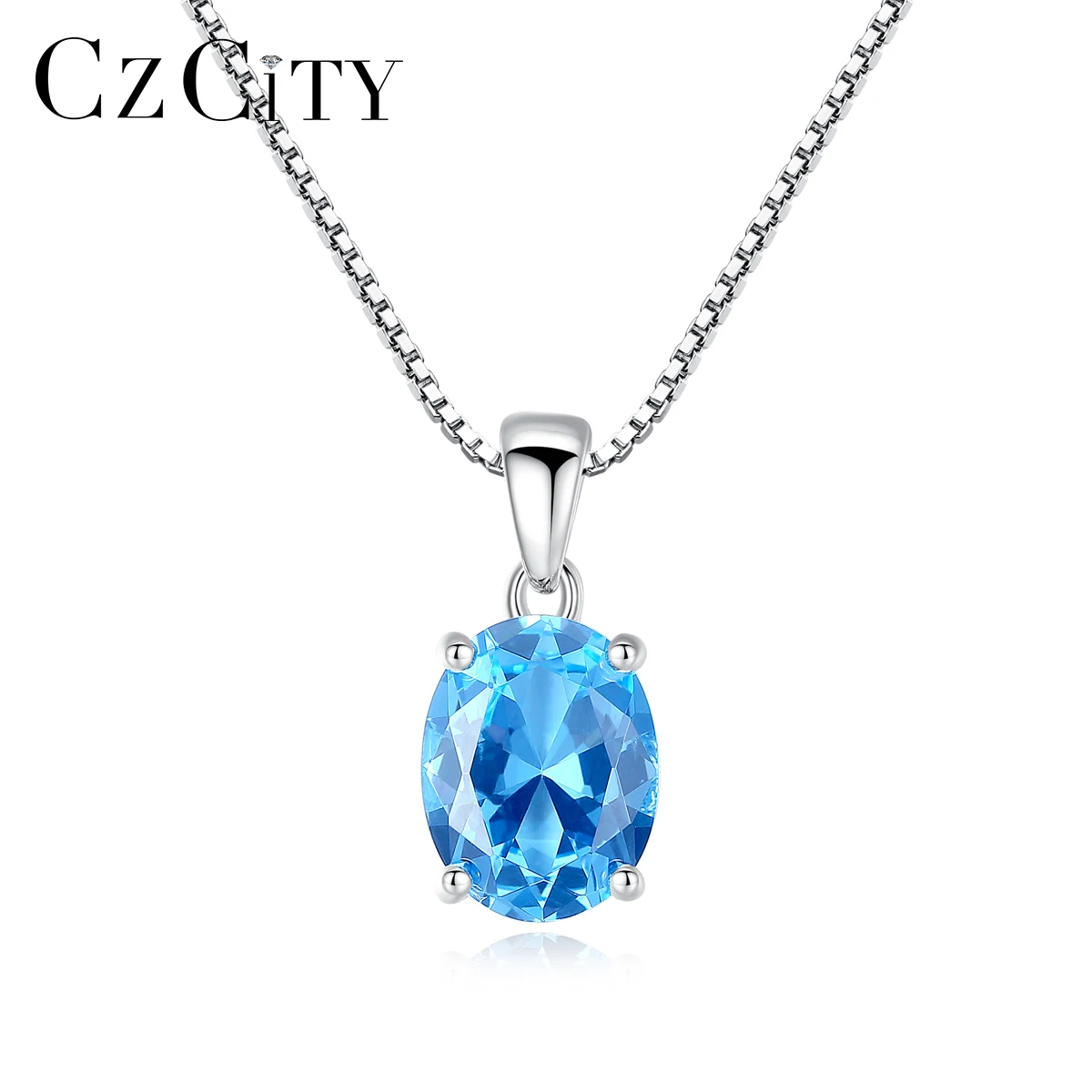 Collier en argent Sterling topaze bleu ciel synthétique pour femmes, pendentif en pierre ovale classique, chaîne Fine de mariage_voghion.com