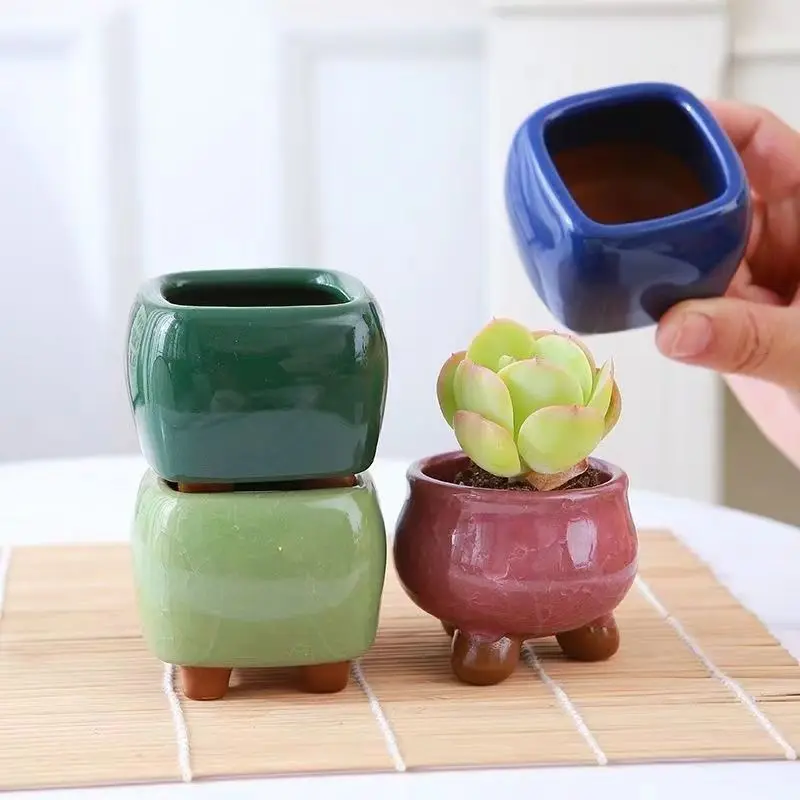 1PC Mini Fleshy Flowerpot Ceramic Thumb Pot Flowing Glaze Ice Crack Handmade Pots Breathable Minimalism