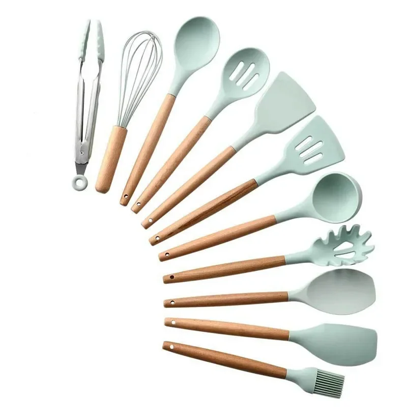 Silicone Wooden handle Turner Soup Spoon Spatula Brush Scraper Pasta Egg Beater Kitchen Utensils Non-stick pan Kitchen Cooking Tools Kitchenware