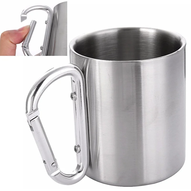 Stainless Steel Travel Tumbler with Self-Locking Carabiner Handle - 300ml