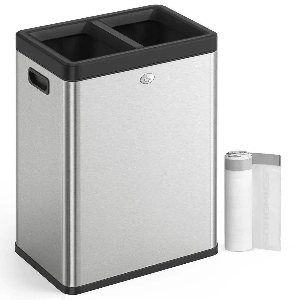 

Dual Compartment Garbage Can for Waste and Recycling Recycle Bin 2 X 6.6 Gallon Open Top Trash Can Separate Trash Bins Silver