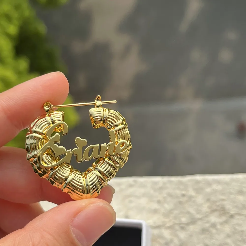 Heart Shaped Bamboo Earrings With Name Real Gold Gold Heart Bamboo