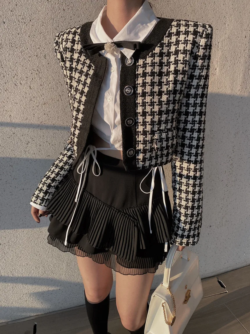 Elegant Cropped Jacket Women French Vintage Single Breasted Long Sleeve O-neck Top Autumn Y2k All-match Houndstooth Coats New
