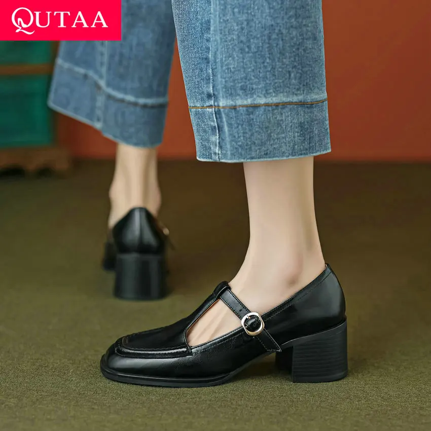 

QUTAA 2023 Women Pumps Square High Heel Working Casual Platform Genuine Leather T-strap Shoes Woman Spring Summer Size 34-43