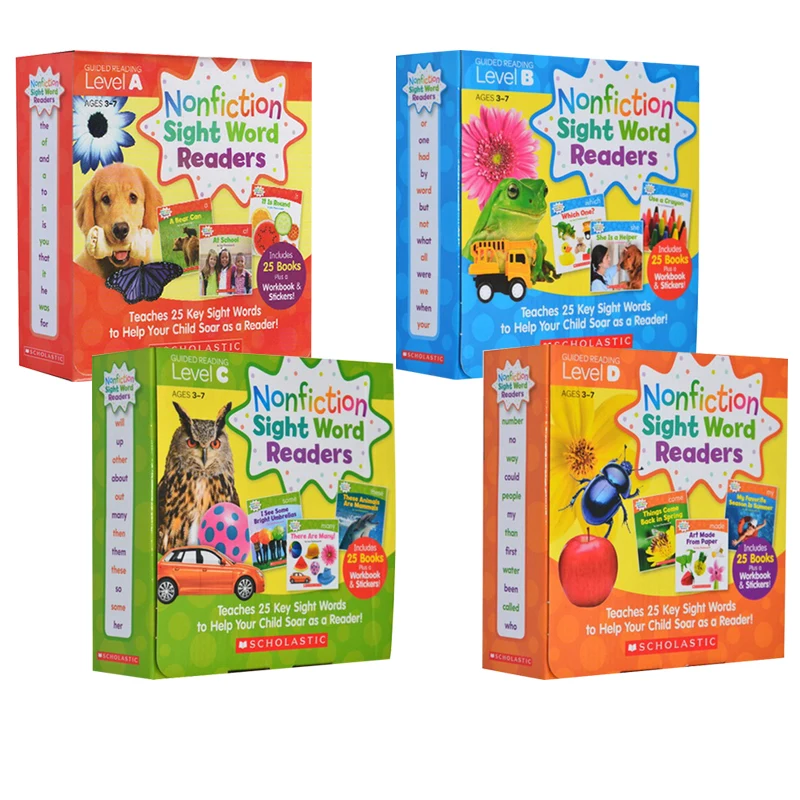 

4 Boxes Nonfiction Sight Word Readers Parent Pack Level A B C D Kids English Picture Book 25 Key Sight Words Teaching Libros