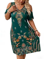 Plus Size Bohemian Ethnic Style Printed Dress, Off-Shoulder Dress, Summer Casual V Neck Short-Sleeved Dress, Plus Size Clothing - Image 4