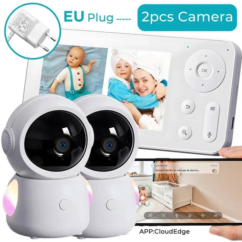 2K 3MP Wifi Bebek monitörü İki kamerayla Bölünmüş ekran Bebek telefonu Uygulama kontrolü aracılığıyla & 4.3 "IPS ekranı Hareket algılama ve izleme PTZ Bebek Kamerası RGB Gece lambası Kayıt ve Oynatma