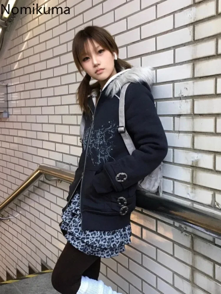 Y2k Tops Zip Up Hoodie Women's Clothing Hooded Fur Collar Hoodies