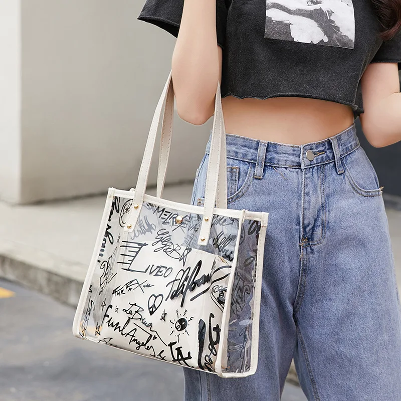 Graffiti Women Small Handbag Linen PVC Transparent Fashion Mini Tote Beach  Jelly Purse Brand Clutch Bags 2023 New Trend