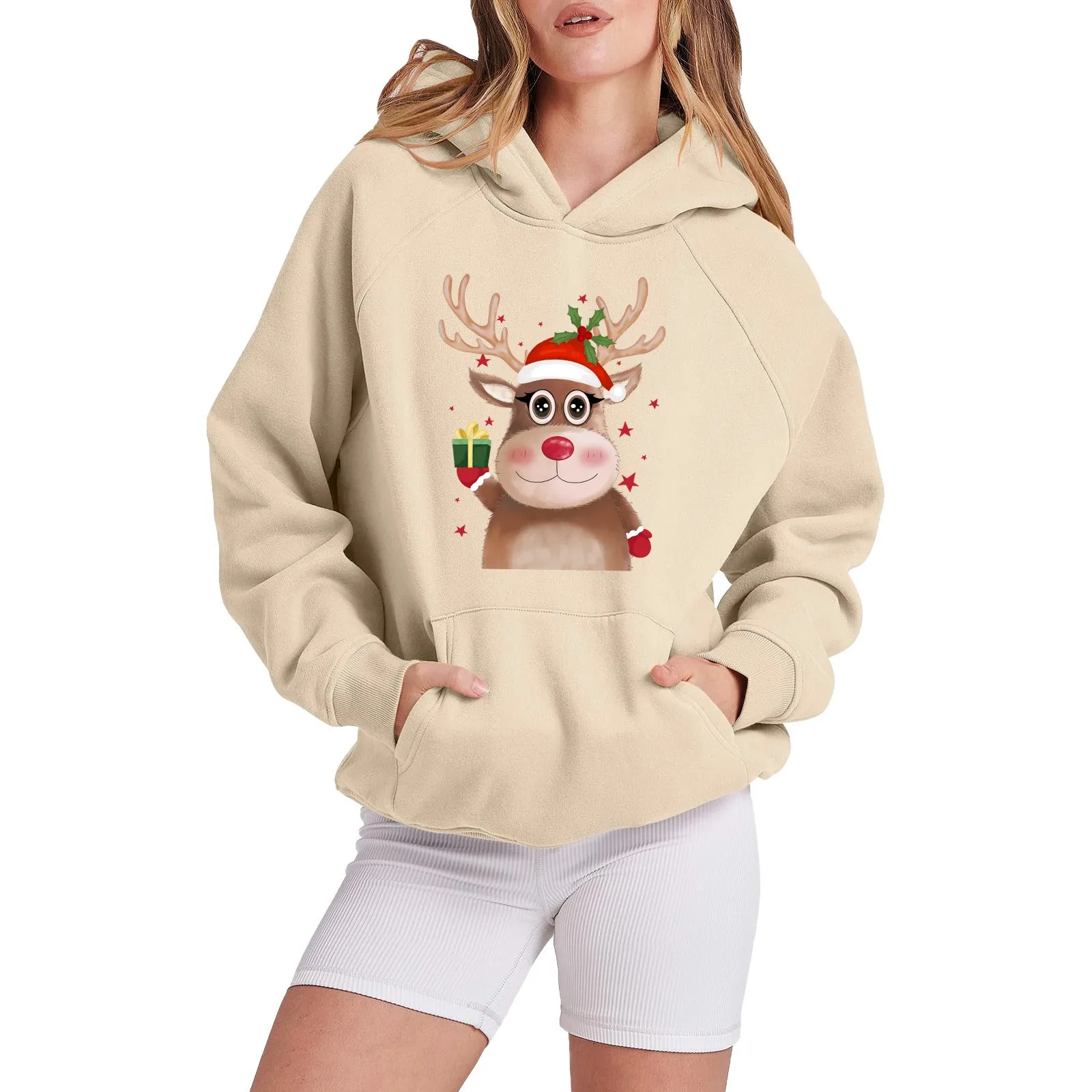 

Merry Christmas Graphic Hoodies Sweatshirt Women Christmas Santa Tree Hat Long Raglan Sleeve Snowflake Hooded Sweater Tops