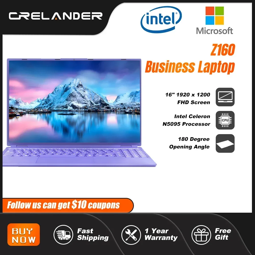

CRELANDER 16 Inch Business Laptop IPS Screen Intel Celeron N5095 12GB RAM Quad Core Bluetooth 5.0 Notebook Computer