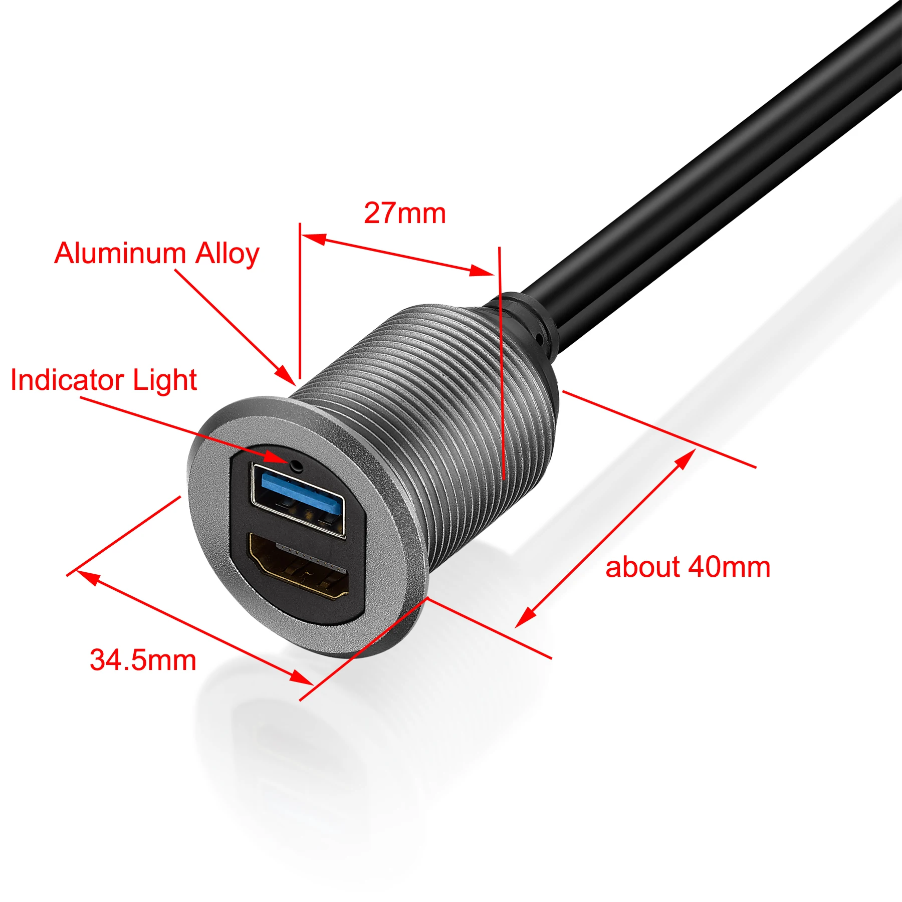 Bochara 차량용 알루미늄 합금 대시보드 케이블, USB 3.0 + HDMI 호환, 수-암 플러시 마운트 패널, 4K @ 60Hz 익스텐션, 1m